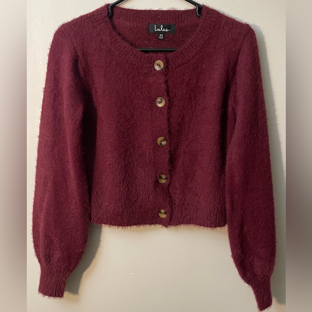 Lulus Women’s Burgundy Bonjour To You Eyelash Knit Cardigan Sweater